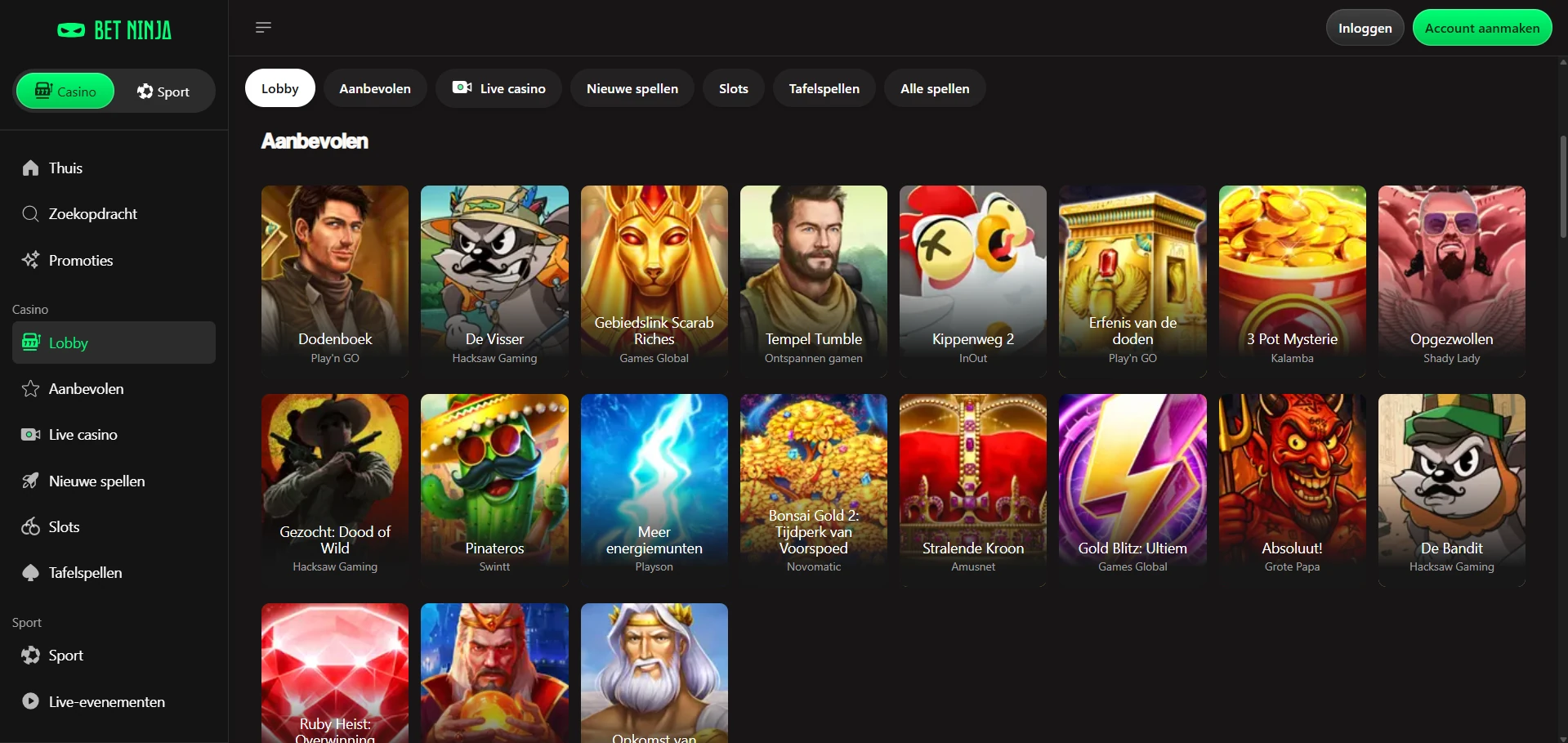 Lobby van Bet Ninja Casino met de spelcategorieën