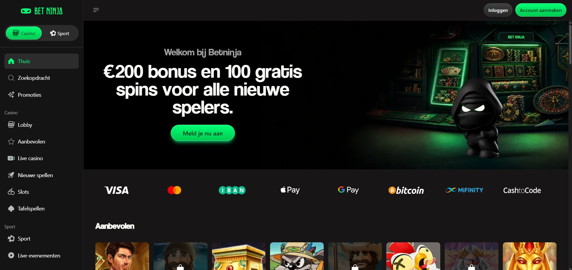 Startpagina van Bet Ninja Casino met de aanmeldknop