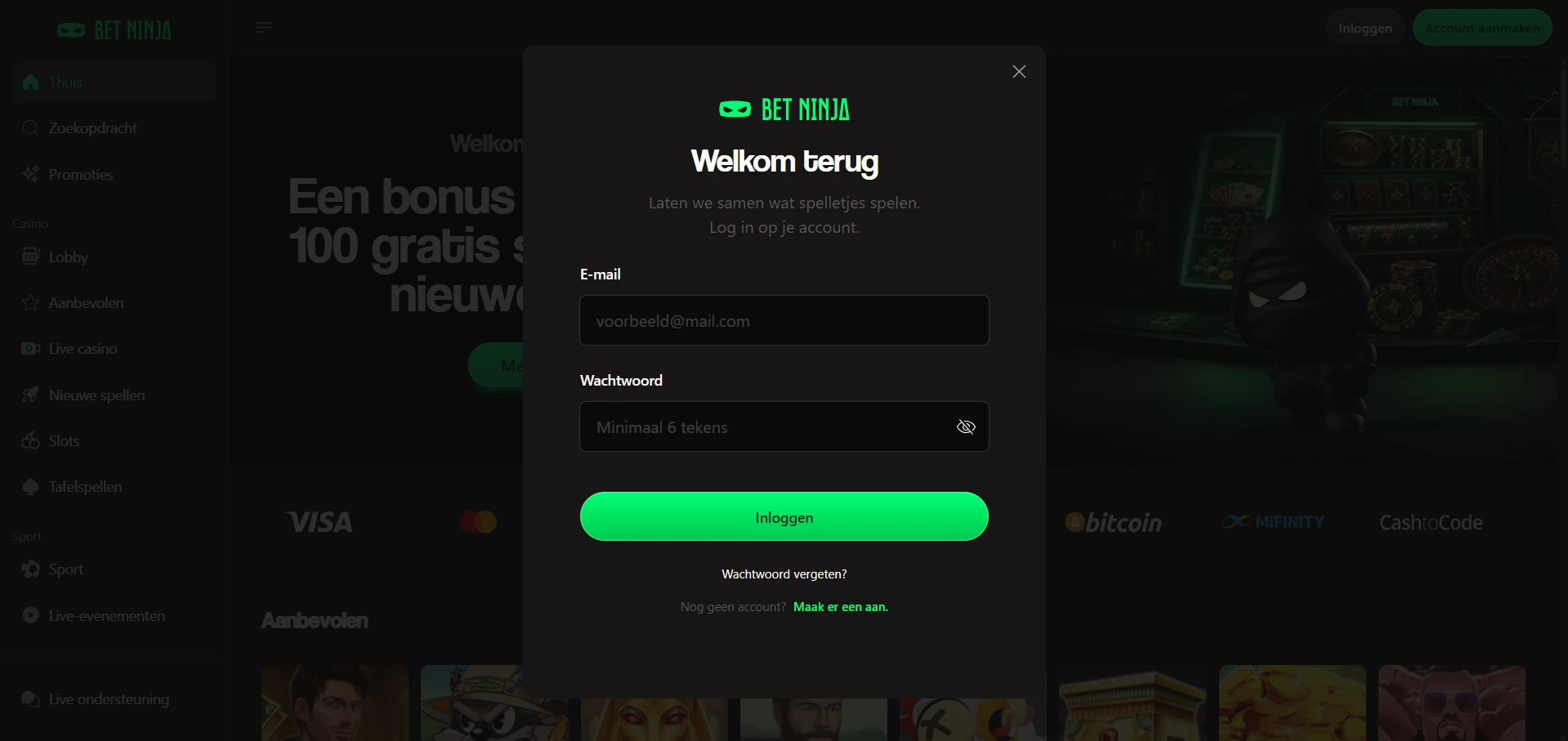 Inlogscherm van Bet Ninja Casino met twee invoervelden