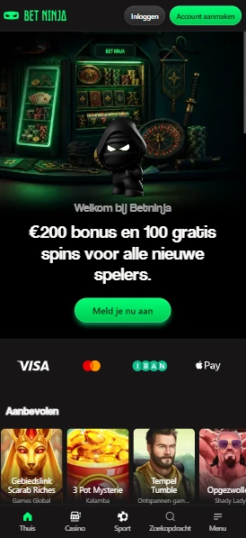 Bet Ninja Casino in de mobiele browser op een telefoon